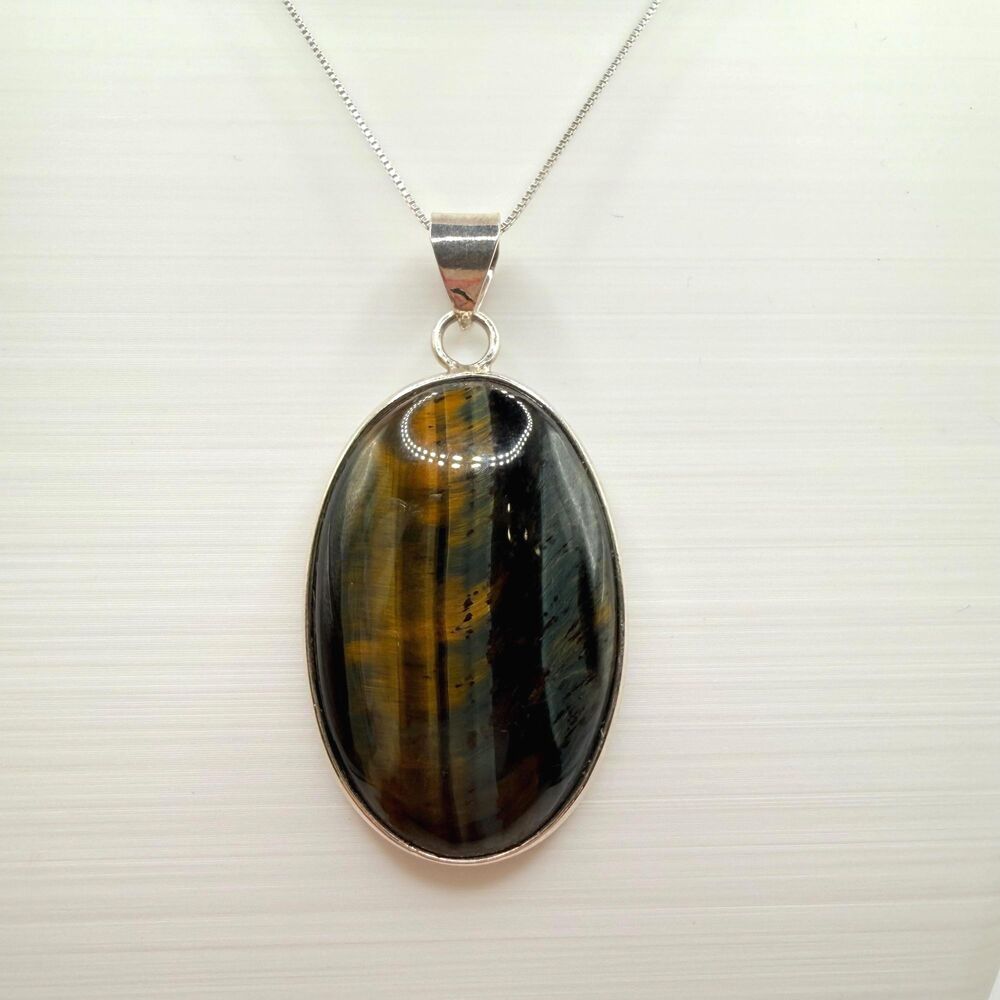 Vintage Sterling Silver Large Oval Tiger Eye Pendant Necklace 925 Italy Chain